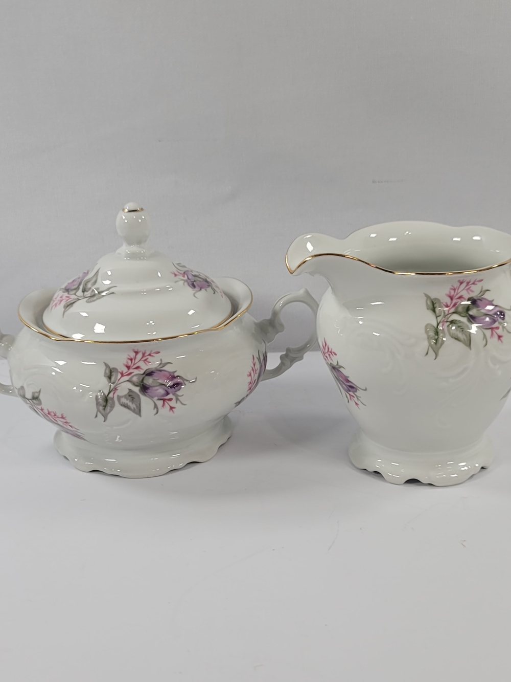Vintage Creamer & Sugar Set Walbrzych China Pink and Purple Roses Gold Trim